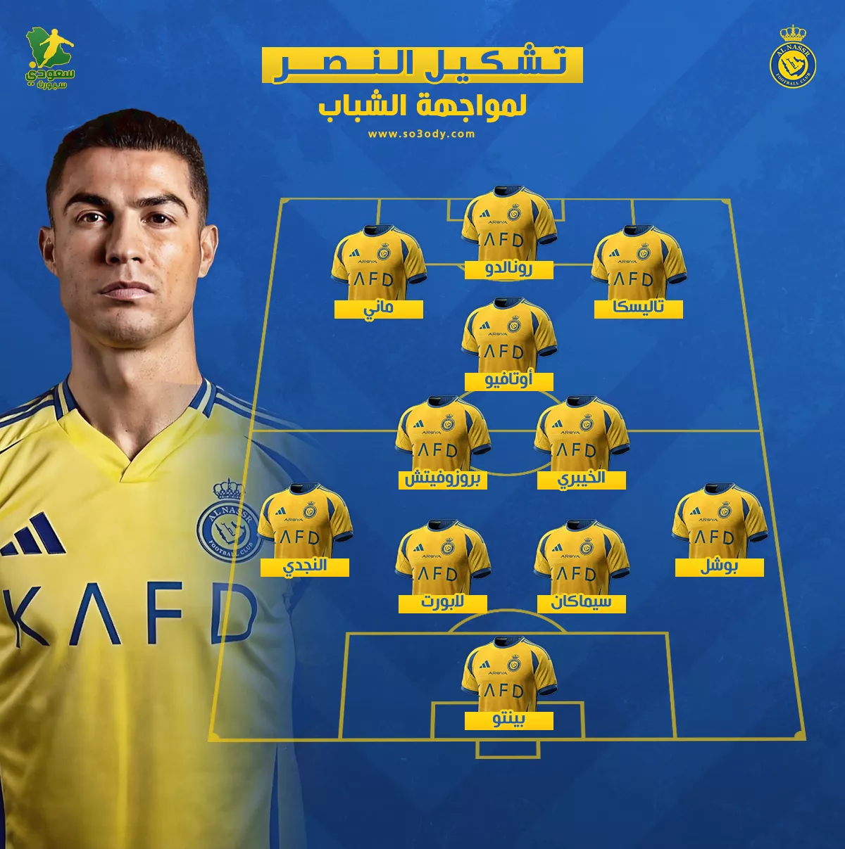 “كريستيانو يتواجد” تشكيلة النصر امام الشباب اليوم في دوري روشن السعودي للمحترفين 2024-2025