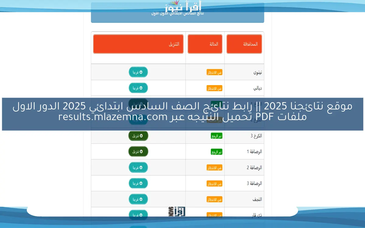 موقع نتائجنا 2025 || رابط نتائج الصف السادس ابتدائي 2025 الدور الاول ملفات PDF تحميل النتيجه عبر results.mlazemna.com