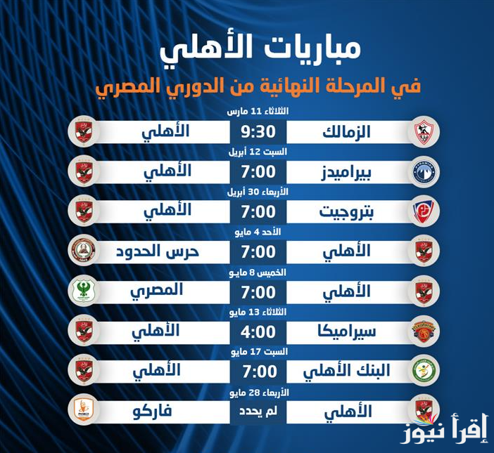 مواعيد مباريات الأهلي اليوم الاحد 4 مايو 2025 في المرحلة النهائية من الدوري المصري.. الأهلي وحرس الحدود