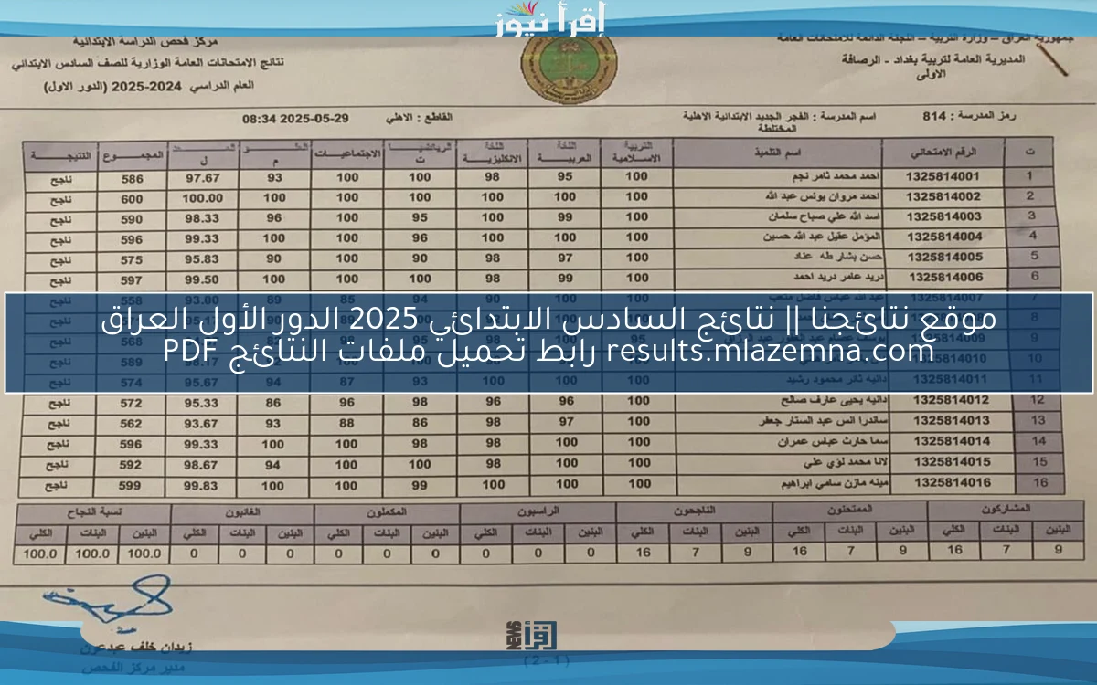 موقع نتائجنا || نتائج السادس الابتدائي 2025 الدور الأول العراق results.mlazemna.com رابط تحميل ملفات النتائج PDF