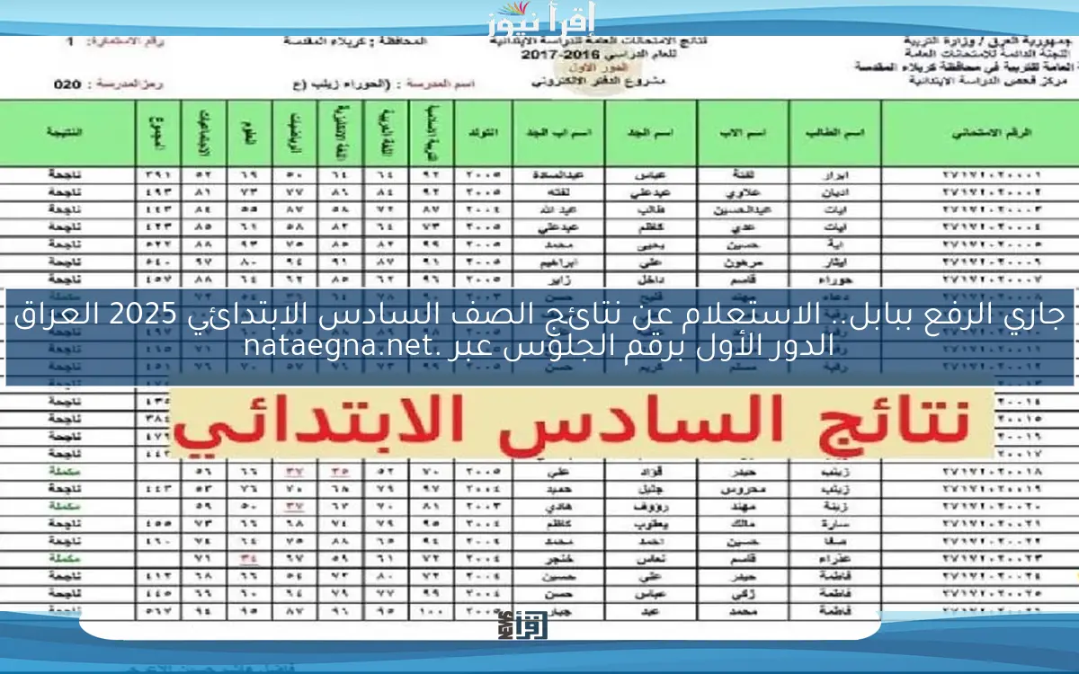 جاري الرفع .. الاستعلام عن نتائج الصف السادس الابتدائي 2025 العراق الدور الأول برقم الجلوس عبر .nataegna.net