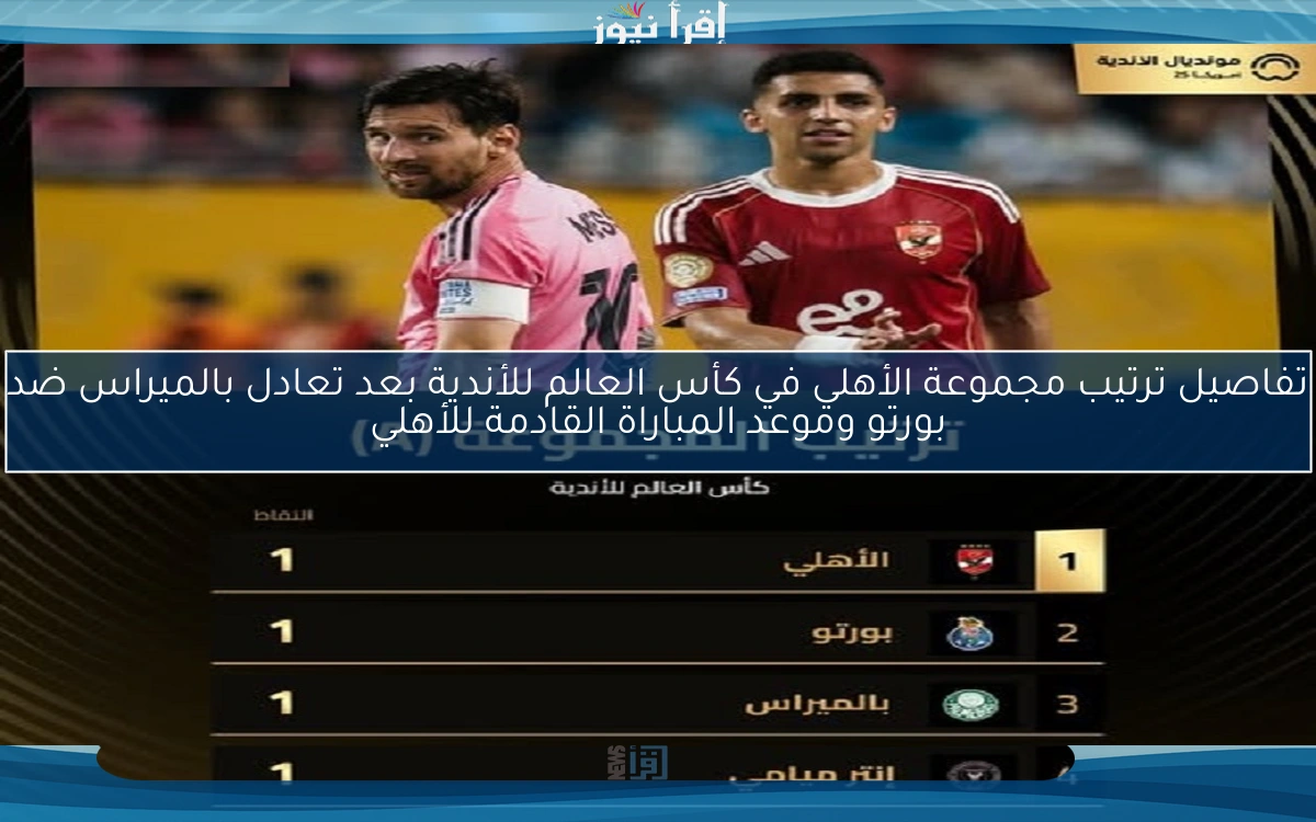 تفاصيل ترتيب مجموعة الأهلي في كأس العالم للأندية بعد تعادل بالميراس ضد بورتو وموعد المباراة القادمة للأهلي