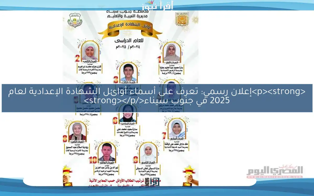 <p><strong>إعلان رسمي: تعرف على أسماء أوائل الشهادة الإعدادية لعام 2025 في جنوب سيناء</strong></p>