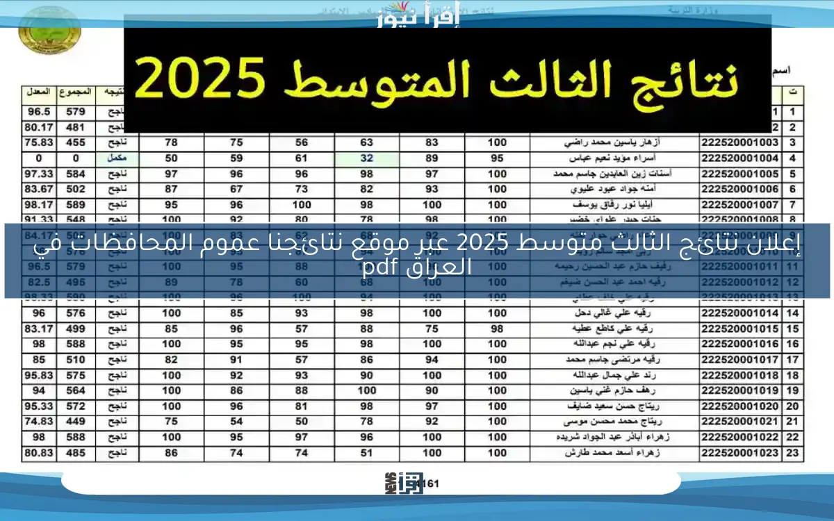إعلان نتائج الثالث متوسط 2025 عبر موقع نتائجنا عموم المحافظات في العراق pdf