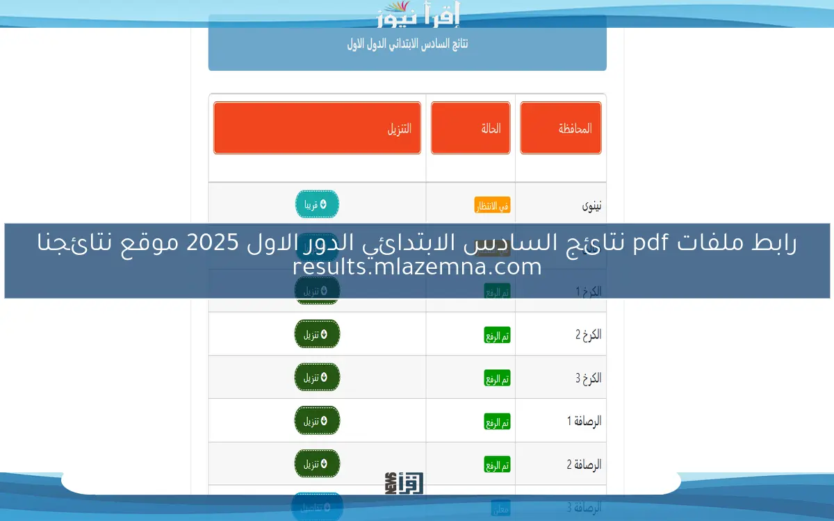 رابط ملفات pdf نتائج السادس الابتدائي الدور الاول 2025 موقع نتائجنا results.mlazemna.com